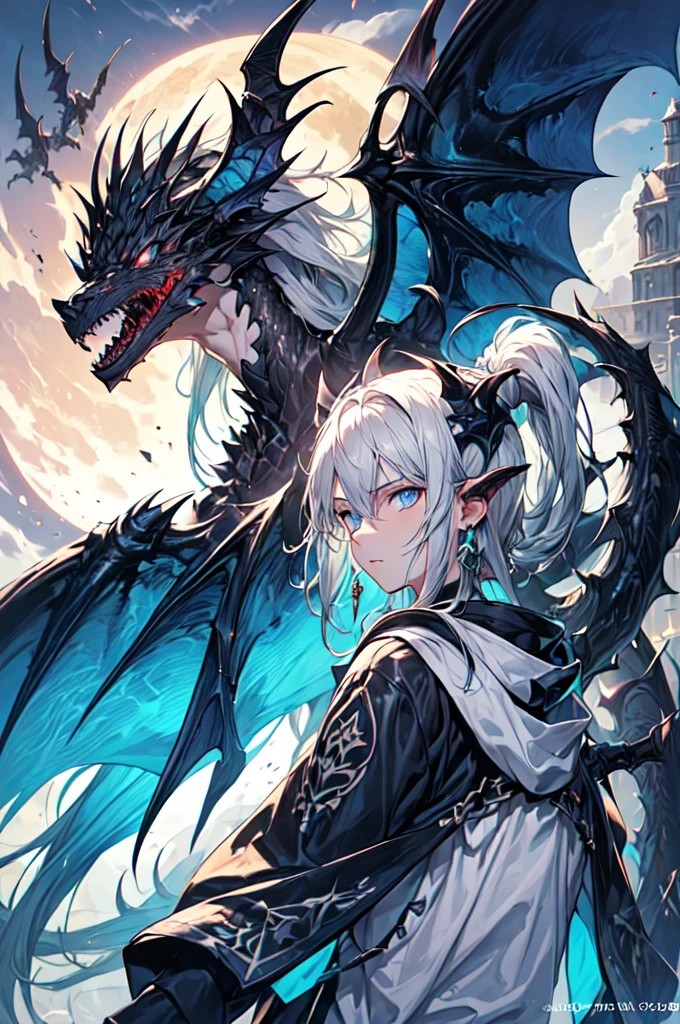masterpiece, highest quality, highest resolution, clear_image, photo realistic, detailed details, (11 boy, scruffy black hair, bangs, Blue eyes, moon, dark night, long earrings, black hoodie, sky blue demon horns, blue great sword at the back, sky blue futuristic halo, futuristic dragon wings) beautiful, upper body, no water marks, laboratory, no extra limps, no extra body
