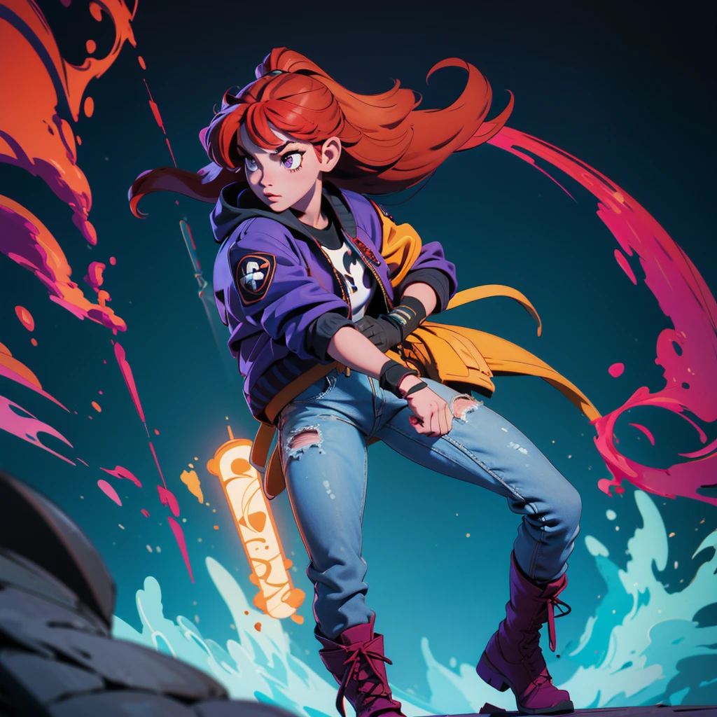 I want you to make an illustration in Disney 2D animation style.  The character is a young teenager of approximately 18 years old.  She has red hair that reaches below her shoulders and is wearing an open purple jacket with a hood on her head and underneath the jacket she is wearing a black t-shirt with the Batman symbol.  She is wearing dark jeans and, on her feet, she is wearing yellow combat boots.