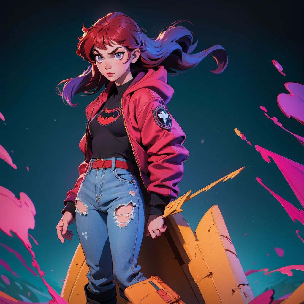 I want you to make an illustration in Disney 2D animation style. The character is a young teenager of approximately 18 years old. She has red hair that reaches below her shoulders and is wearing an open purple jacket with a hood on her head and underneath the jacket she is wearing a black t-shirt with the Batman symbol. She is wearing dark jeans and, on her feet, she is wearing yellow combat boots.