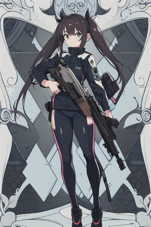 anime picture, perfect body, full body, cool background, a teenage agent girl with twin tails wearing a leather suit while holding a gun