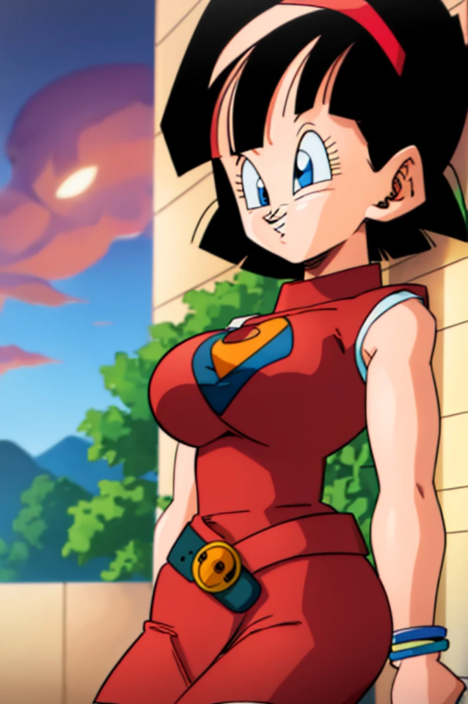 ultra detailed, masterpiece, best quality, solo, soft smile, light smile, Videl, Dragon Ball,
hairband, short hair, red hairband, bangs, sleeveless, dress, jewelry, belt, red dress, braceletblue eyes, colored eyelashes, eyelashes, black hair, , big breast, big ass, white shirt,  confused face expresion, sin imperfecciones, dibujo perfecto,