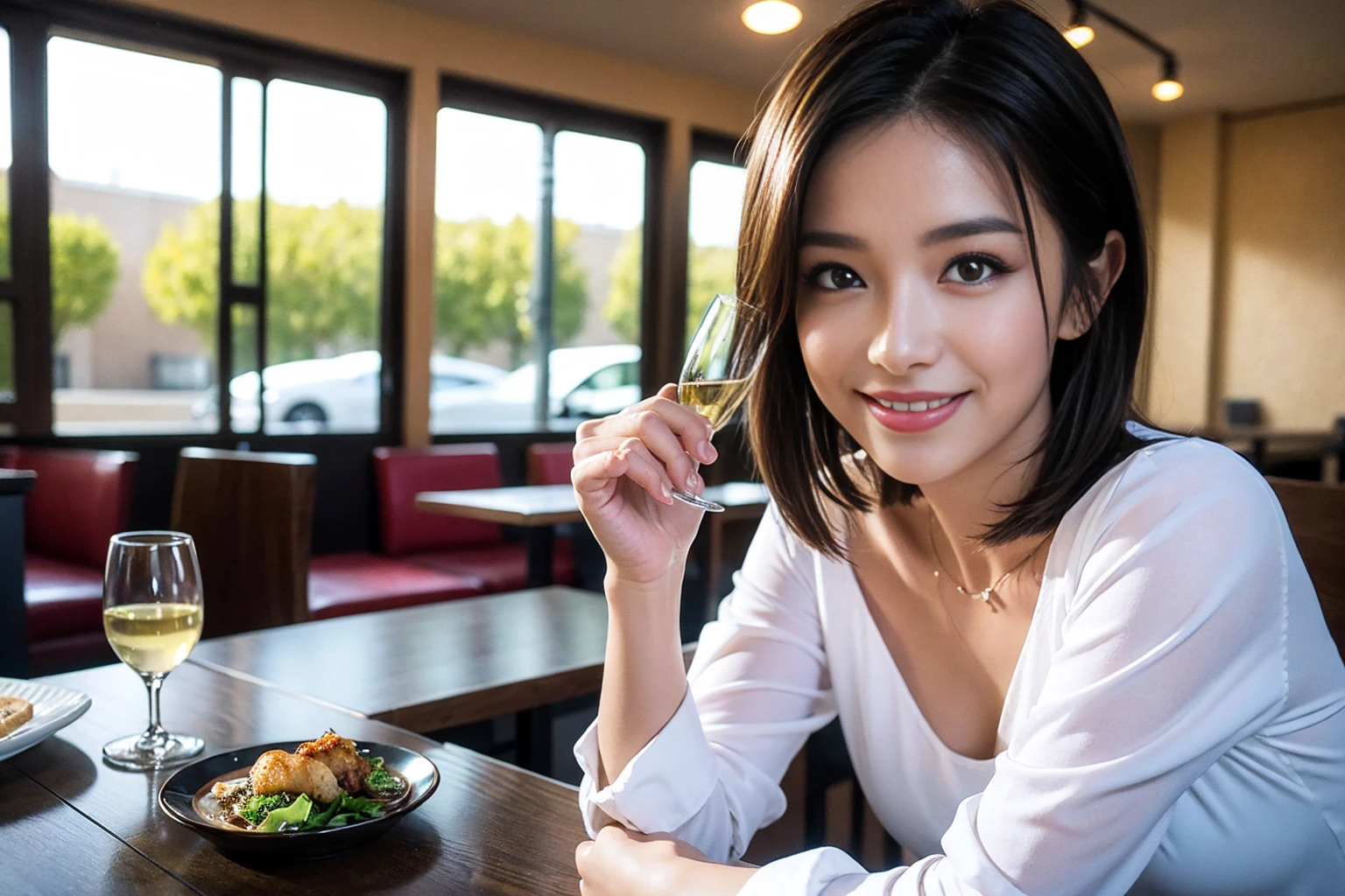 ((Highest quality、8K、masterpiece:1.3))、cute、slimカップル、modelカップル、actress男優、(Realistic, Intricate details:1.2), full-course dinner、Wine Party、Amazing view of the sunset sky and clouds、A bright smile、short hair,Bright Face、 (Age 37), 42 years old, red wine 、Appetizers、Italian food、Wine bottle、Champagne、sparkling wine、Two beauties、Brown Hair、Shortcuts、Long sleeve shirt、dress、Beautiful woman 1, (slimな顔), (The body is slim), (Brown Hair), (Shortcuts), cheeks turn a little red,Attractive beauty、restaurant, In a prominent place (From the waist up) Nova Frog Style, actress, model, Upper Body, White wine, slim, wine glass, 中央に置かれたwine glass, smile, (smile: 1.15), Beautiful fine grain, Depth f/2,saturation, High Contrast, Strong light and shadow,Moist Body:1.5、3D texture、Delicate eyes、Brown Hair、The hair is very shiny、
