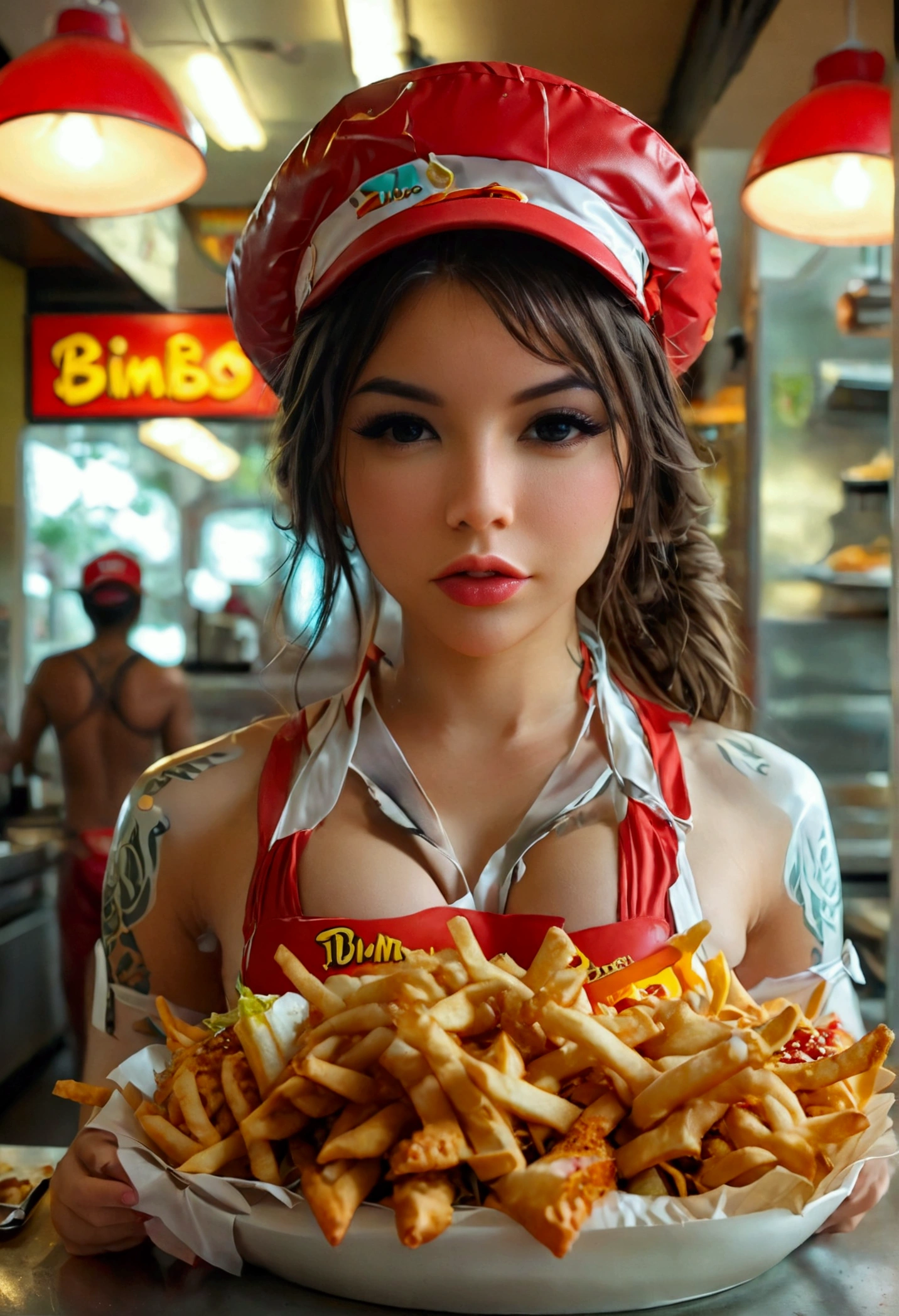 Cute woman, fast food worker, restaurant named 'Bimbos', all the food is boob themed. Staff in bikinis and high heels
