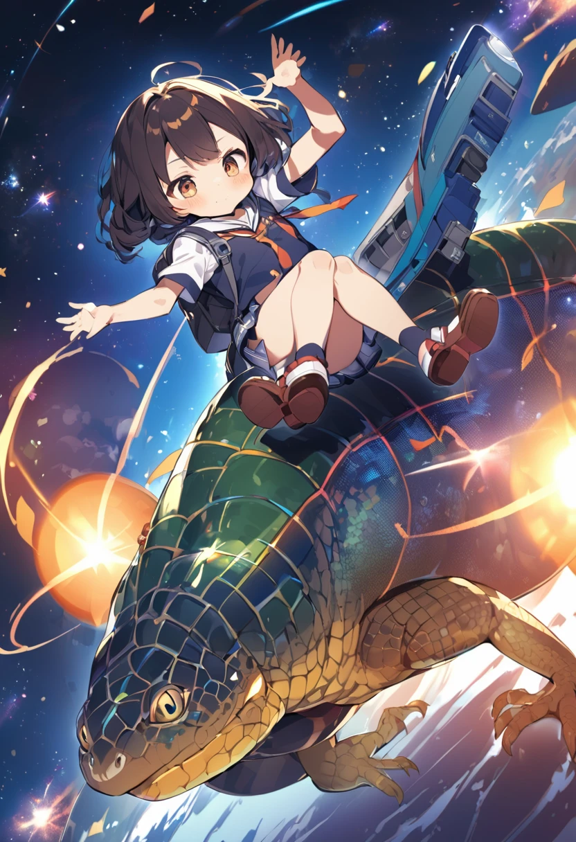 Japanese elementary school girl travels through space on a lizard
