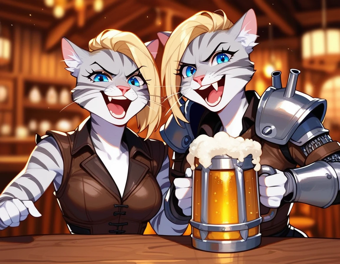 Duo, two girls, twins, score_9,score_8_up,score_7_up, source_cartoon, kat, Anthro furry feline, female, tall slender body, blonde, long undercut hair, pink nose, blue eyes, white whiskers, hourglass figure, silver fur, grey stripes, furry body, wearing black leather mercenary gear, black short shorts, they are drinking beer at a tavern, holding mugs of beer, one is laughing and cheering, the other is grumpy and skulking