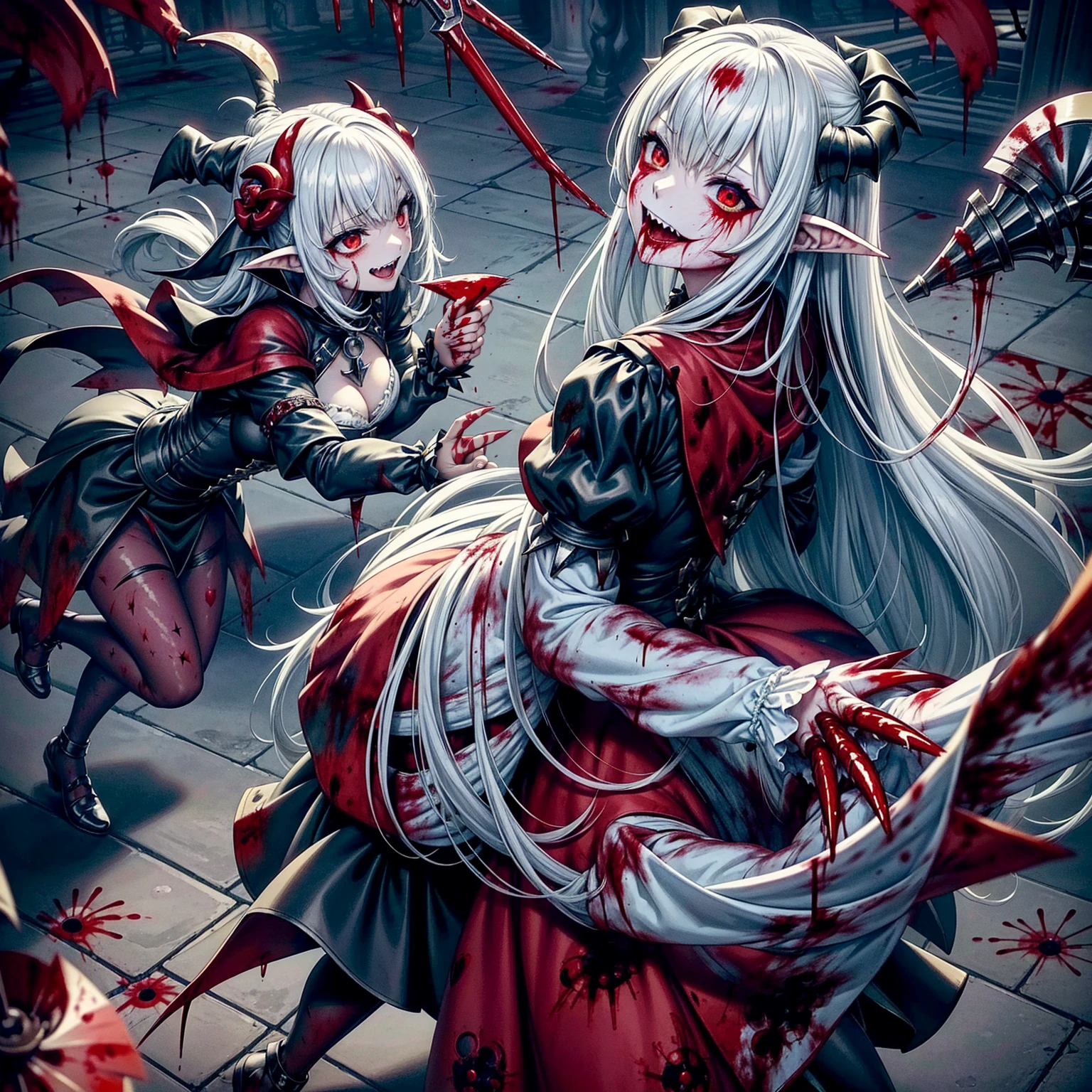 ,Multiple girls,Frolicking Girl,Multiple women,Tea party,Crazy Smile,Face Up,Face Shot,Scythe Face,Girl Monster, slave,beautiful, Detailed portrait, Delicate facial features, Sharp Eye, Sharp Fangs, Pale skin, Thick Chain, Dark Background, Cinema Lighting, Dramatic Shadows, Gothic style, Gloomy atmosphere, Dark fantasy, One girl, , Open your mouth wide, Open your mouth and baring your teeth,Sharp teeth like a beast, Wide lips, very wide mouth, Vermilion cheeks, ,(Blood splatter:1.6),Scary face, Laughter Witch design, Twisted smile、Bloodstained、bleeding from the head,、Blood splatter、,(Blood splatter:1.6),Crossbones, skull, , Horror Style, ((Fantasy Witch Costume)), ((Flowing white hair)), ,(Blood splatter:1.6),Female curves, Large Breasts, Thick thighs, Sexy flat stomach, Perfect hands, Perfect anime face, ((dark ta dress)), Are standing, ((Wicked Smile)), ,(Blood splatter:1.6),Victorian cities, gaslight, Steam circulates, Moonlight Illumination, night lighting, A sky filled with stars and galaxies,disaster々new devil horns,,(Blood splatter:1.6),アニメゾンビWitch design, Twisted smile、Bloodstained、bleeding from the head,、Blood splatter、,(Blood splatter:1.6),Crossbones, skull,