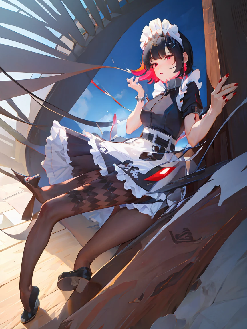 masterpiece,Official Art,Very detailed CG ユニティ 8k 壁紙,Very detailed,Absurd,8K resolution,One girl, alone, chest, View your viewers, short hair, Black Hair, Red eyes, dress, Holding, Short sleeve, pantyhose, Redhead, multicoloRedhead, belt, apron, Maid, Maid headdress, Shadow, Earrings, Red nails,spike, Maid apron, can, Argyle Legwear, Holding can