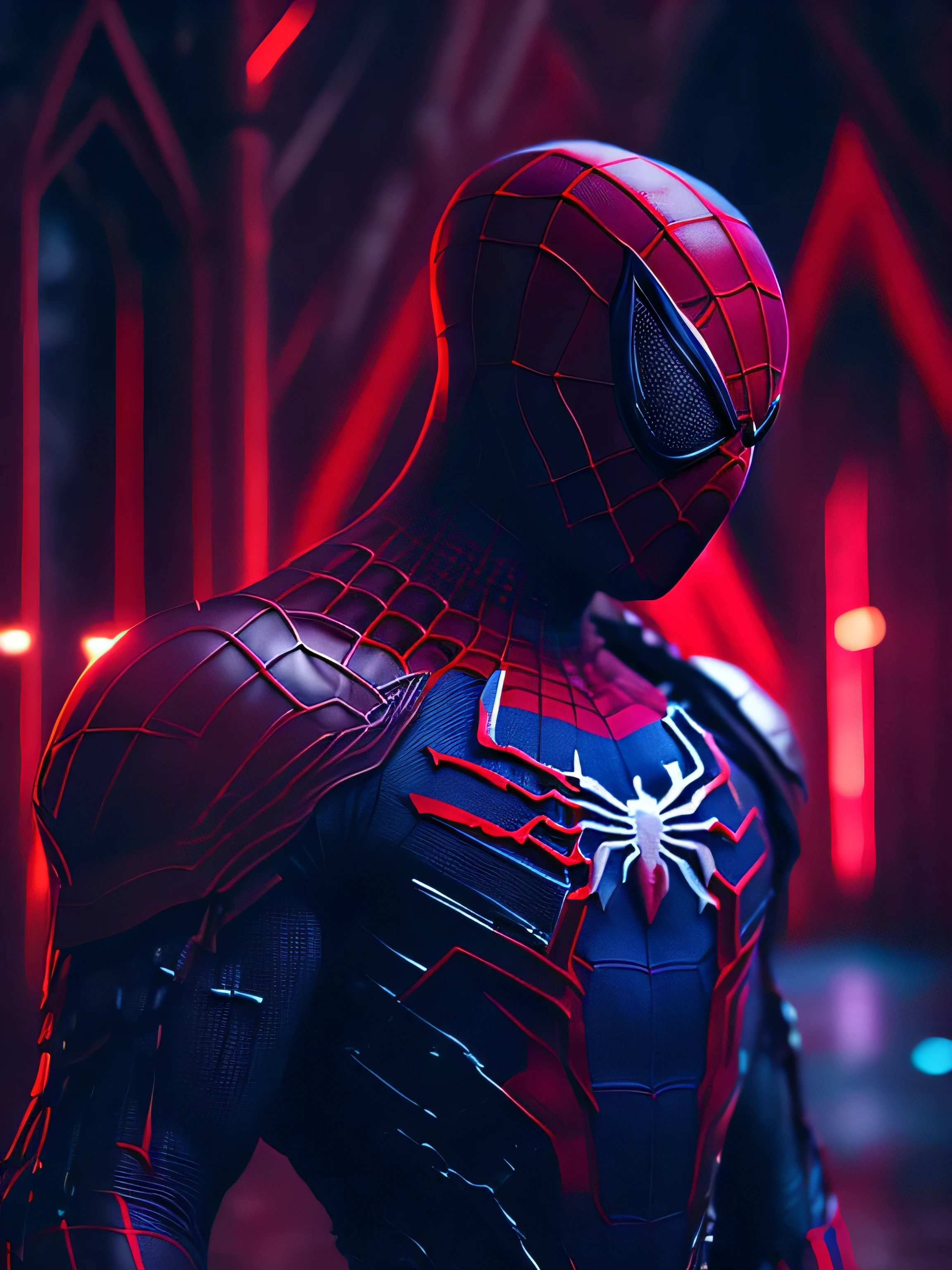 gloomy portrait of Bloody Spider-Man from Marvel with intricate angular cybernetic implants inside a brutalist building, gothic brutalist cathedral, cyberpunk, award-winning photo, bokeh, neon lights, cybernetic limb