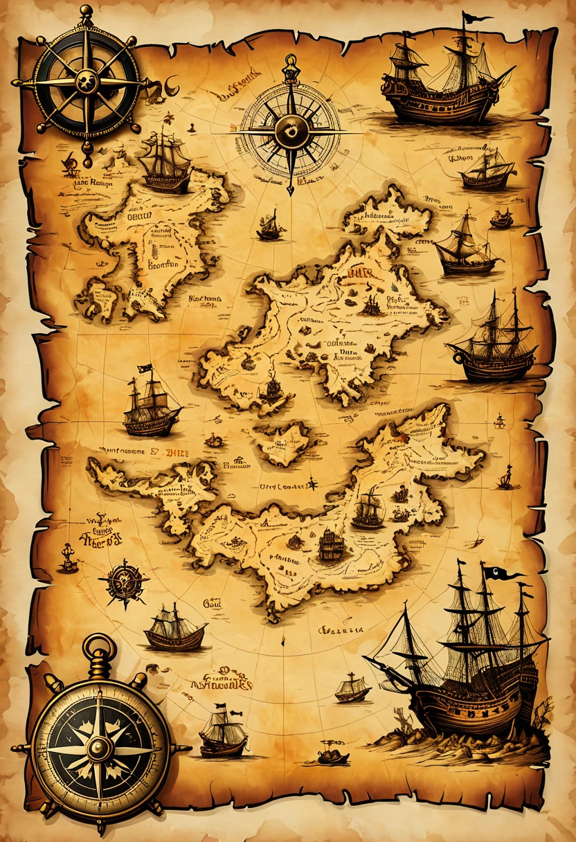 "A hand-drawn pirate treasure map on old paper. The map features weathered coastlines, hidden caves, pirate ship routes, X's, and burn marks on the edges of the map. In the background of the map is a dilapidated wooden table on which sits an old compass and a candle."