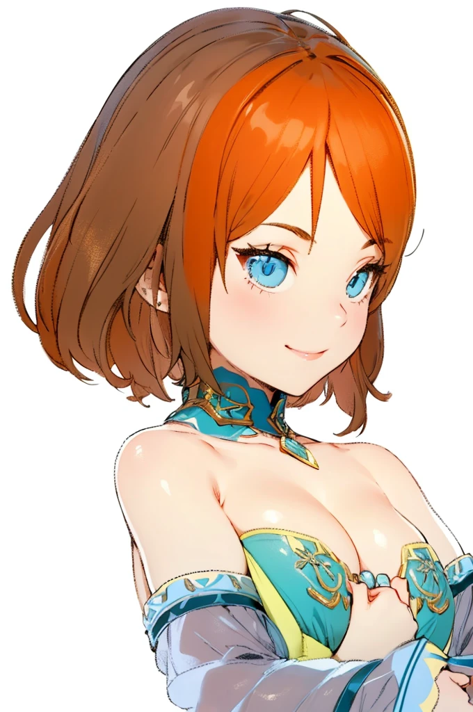 beautiful girl,Brown Hair,Blue Eyes,Slanted Eyes,smile,Cleavage,Blue necklace,dress,delicate,4K,8K,Highest quality