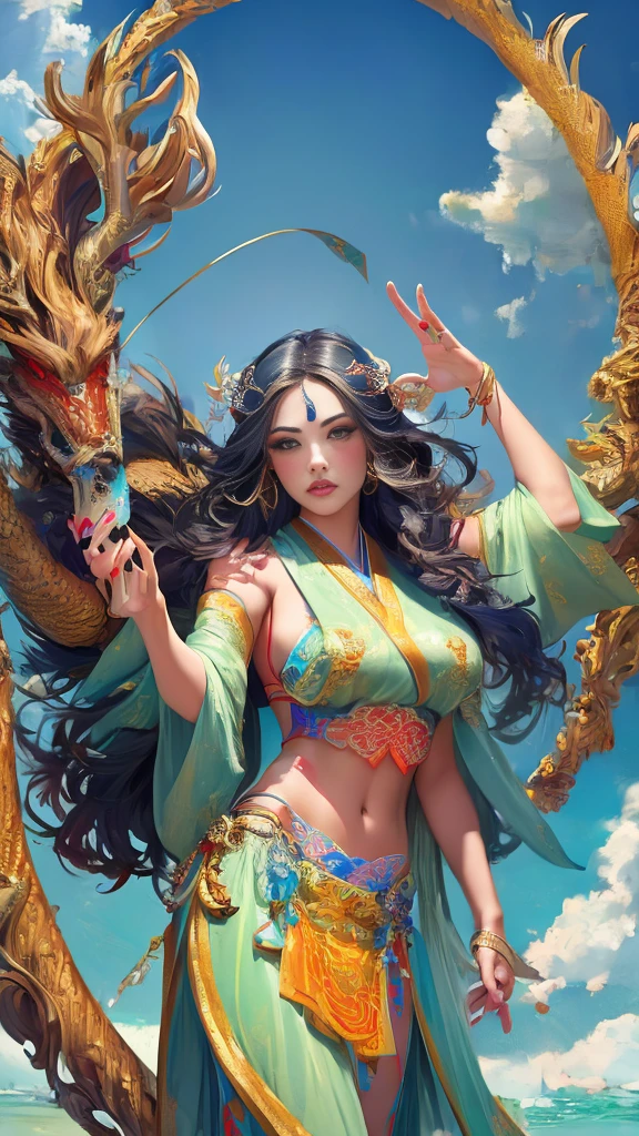 Beautiful in Hanfu with lake in background, girl standing with cyan Chinese dragon, (Dragon: 1.4), Dragon Facing Lens, (Realistic, Photo Realistic: 1.3), Extremely Delicate and Beautiful, Amazing, Fine Detail, (Best Illustration), (Best Shadow), Intricate, Behind a Cyan Chinese Dragon (Dragon: 1.4), Water Surrounding, Lake Water in Background, Black Mountains, Trees, Wind, Long Wavy Body, Fangs, Fantasy, Mythology, High Quality, Highly Detailed, Epic, Particle Effects, Dynamic Effects, Surround), Clouds, Sunset, Sharp Focus, Volumetric Fog, 8K Ultra HD, DSLR, High quality, (Film grain: 1.4), Fujifilm XT3,Official Art, Unity 8K wallpaper, Super detailed, Beautiful and beautiful, Best quality, (Tangled, entangled), (Fractal Art: 1.4), 1 girl, Chinese, gorgeous hanfu skirt, calf, navel, very detailed, dynamic angle, denim lenost beautiful chaotic shape), flowing, (bright colors), OC, (half: 1.2), china, (tape: 1.3), (dream: 1.5), (Hanfu: 1.5), (Smile: 0.5), (Chinese God 1.3), Complex, Ultra Detailed, (Skin Dents), Female, Detailed Body, (Detailed Face: 1.1), (Contour Iris), (Watercolor Lenses), (Perfect Eyes), Gorgeouasterpiece: 1.2), (Best Quality: 1.2), Wide Buttocks, Thick Thighs, (Big Tits: 1.2) and (Big Breasts: 1.2), Detailed Background, Cinematic Light, Best Shadow, Cute Detail Face, Dramatic Light, Intricate details, flowing long hair, ethereal light, wide angle, solo, full body, colorful, flame, charming, enchanting, mature woman, thin waist, gorgeous goddess, Buddha-figure, absurd long hair, pale gold eyes, looking at the audience, delicate pattern, precious stone, gold, diamond, fine feathers, volumetric light, holiness, backlight, opposite, girl with antler decoration on her head, girl with black hair, hair bobbles, wince, longeyelashes, solid circle eyes, fake animal ears, light smile, ear blush, fang, China Dragon, Take a photo with the Chinese dragon, Behind the girl stood a Chinese dragon, There are splashing scenes, water bloom, The picture has tensio