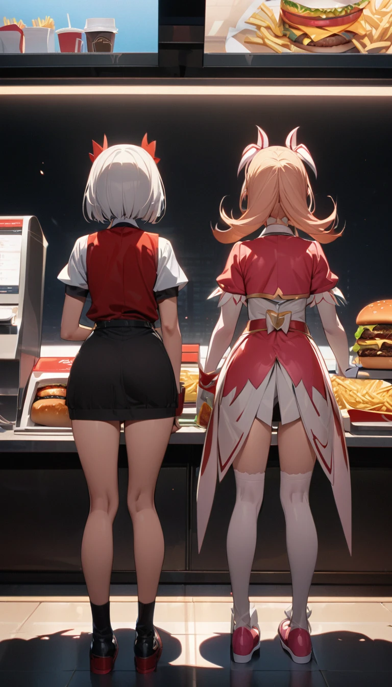 (on the left is Fast Food Worker, Cashier, Burger, Coke, French fries), (on the right is Mahou Shoujo), standing back-to-back),(Mahou Shoujo ),(Split Screen),(Magical Girl),fullbody, full body, center light, light spot, detailed, Masterpiece,Best quality,8K