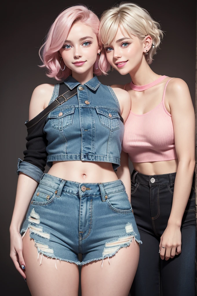 1 girl, short hair above the shoulder neon pink, Caucasian skin, thin with beautiful curves, four ear piercings, wavy hair, clear blue eyes, cute smile, dimple in the cheeks, a silver horseshoe piercing on the hip, brown sweater, black ripped denim shorts, darkness background.
