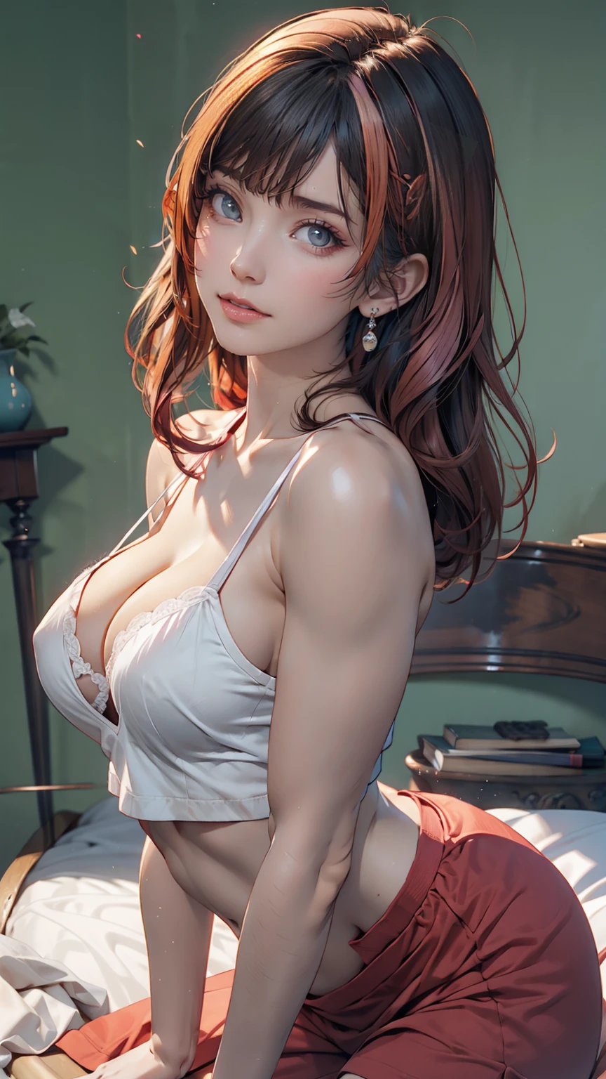 Cute and sexy girl, Pink Hair, Bunny girl, Ultra-realistic, Detailed lighting, anime, Have、mature female body、erotic、adult、A seductive smile、Bob Hair、Pink to red gradient hair color、Pastel Green Background、Pop image