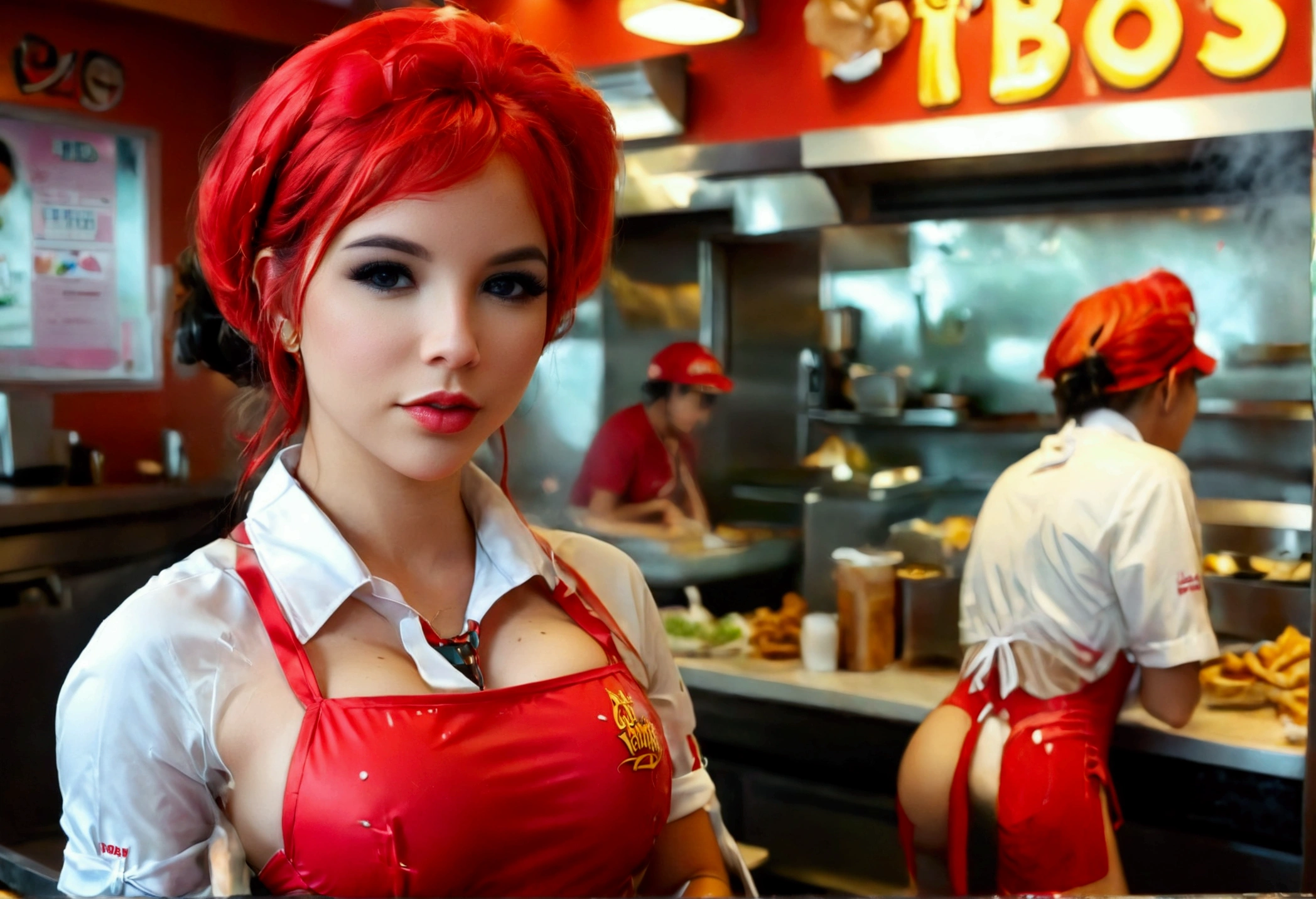 Cute woman, fast food worker, restaurant named 'Bimbos', all the food is boob themed. Staff in bikinis and high heels
