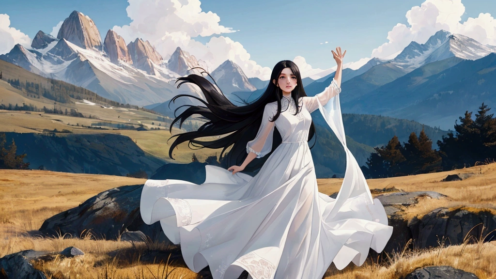 beautiful woman in a white dress, with long black hair standing in the middle of the landscape and looking at the camera with open arms, behind her a clear sky and some mountains