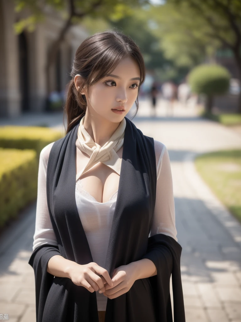 (Tabletop,supreme beauty,masterpiece,Dynamic Angle,Depth of written boundary,135mm,Super detailed,high quality,Awards,最high quality,High resolution,8K,Beauty,Idol,Realistic,Photorealistic,Correct skeleton,Biologically correct),(Put a long cloth around your neck:1.5),(Outdoor),Cleavage