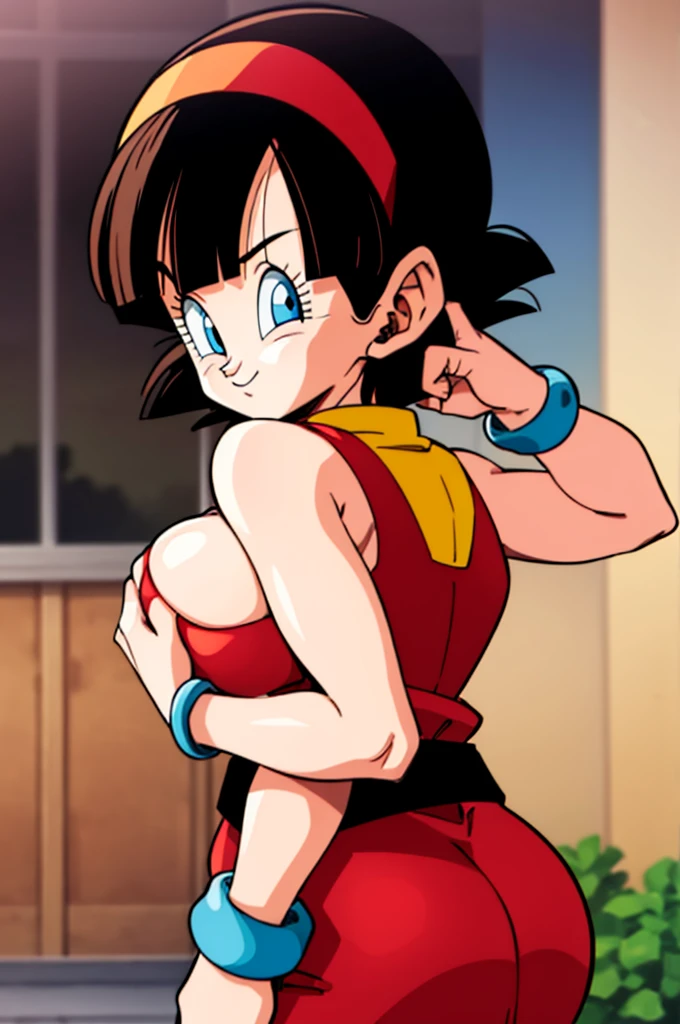 ultra detailed, masterpiece, best quality, solo, soft smile, light smile, Videl, Dragon Ball,
hairband, short hair, red hairband, bangs, sleeveless, dress, jewelry, belt, red dress, braceletblue eyes, colored eyelashes, eyelashes, black hair, , big breast, big ass, white shirt,  confused face expresion, sin imperfecciones, dibujo perfecto,