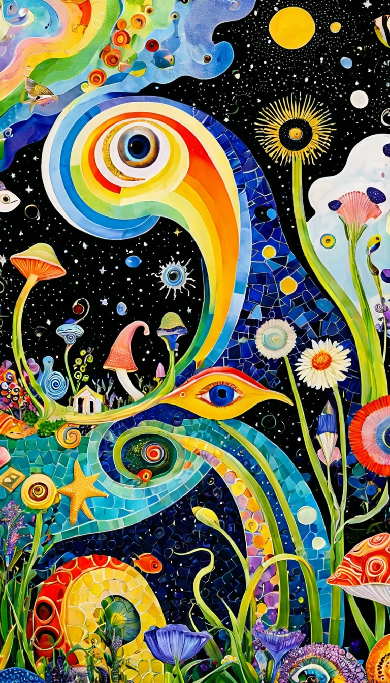 Picasso。1snails小屋，Artists from the stars，Colorful black，A world of color，Dopamine，mouth，A cloud、snails、iris、fish、Tentacles、bird、Eye、diatom，Abstract mosaic painting，Describing the inner world of autistic people，Sense of space，White Space，interesting，Innocence，Psychedelic Art，Black overall