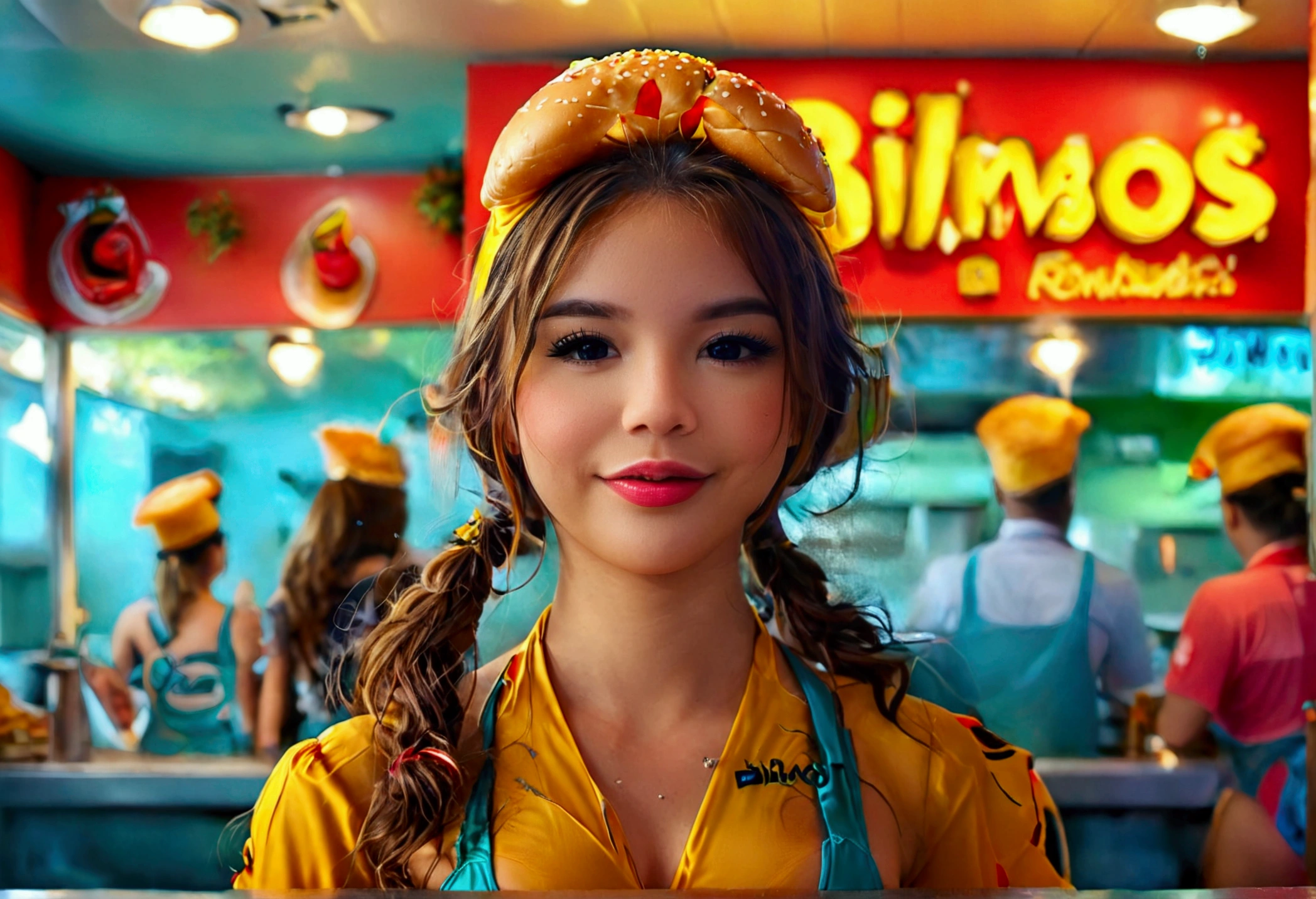Cute woman, fast food worker, restaurant named 'Bimbos', all the food is boob themed. Staff in bikinis and high heels
