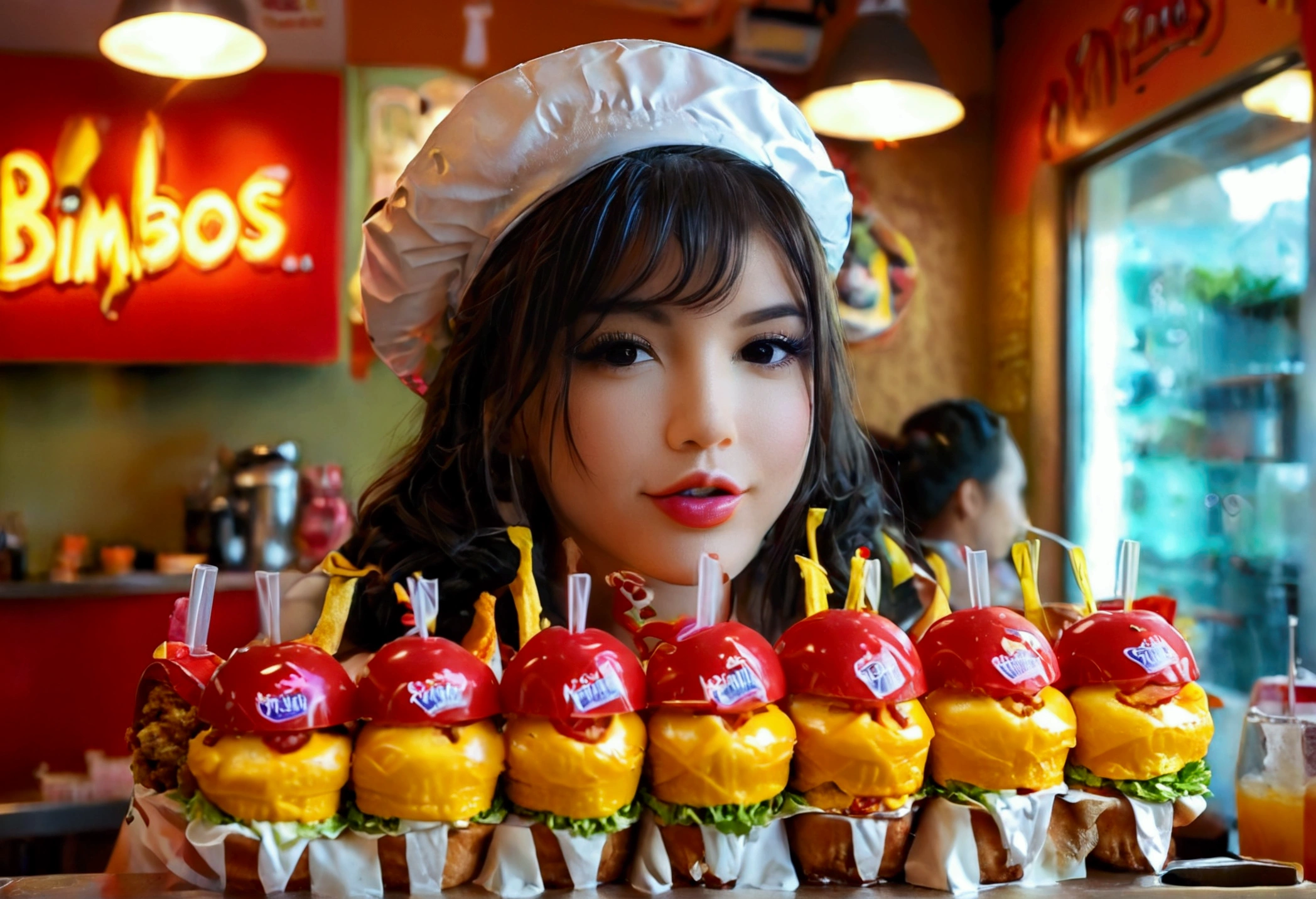 Cute woman, fast food worker, restaurant named 'Bimbos', all the food is boob themed. Staff in bikinis and high heels
