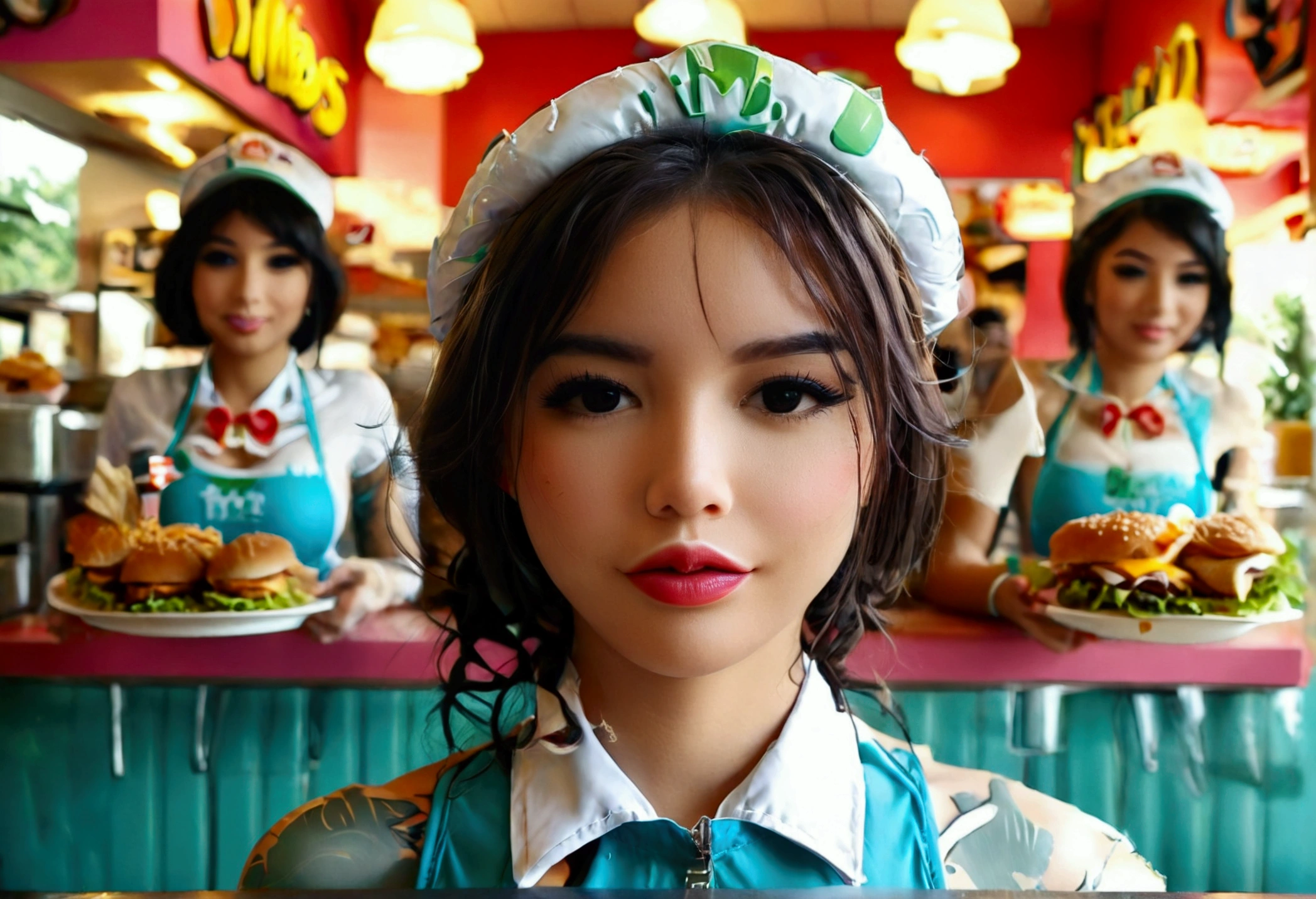 Cute woman, fast food worker, restaurant named 'Bimbos', all the food is boob themed. Staff in bikinis and high heels

