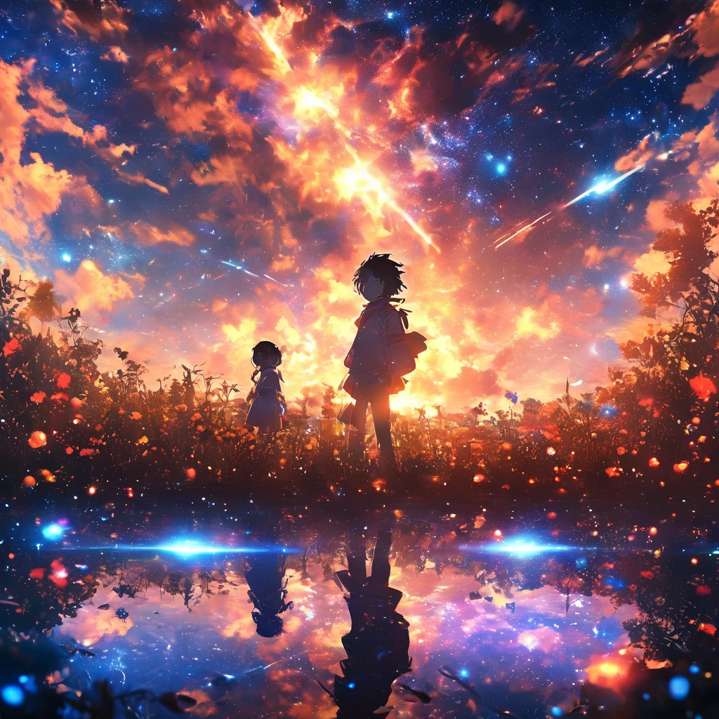 masterpiece, Concept art, Panorama, center, shape, Wide angle, garden, night, (meteor), Space galaxy background, (Amazing composition, Epic scale), Dynamic lighting, Bright colors, Blue roses, a boy with landscape black hair, solid round eyes, precise, hair color change, mole under eyes, glowing eyes, eyeballs, sad, shading, anaglyph, stereoscopic, tachi-e, ass pov, atmospheric perspective, anime style, chromatic aberration, cinematic lighting, reflected light, 8K, ultra detail, best quality, uhd , high detail, skin texture
