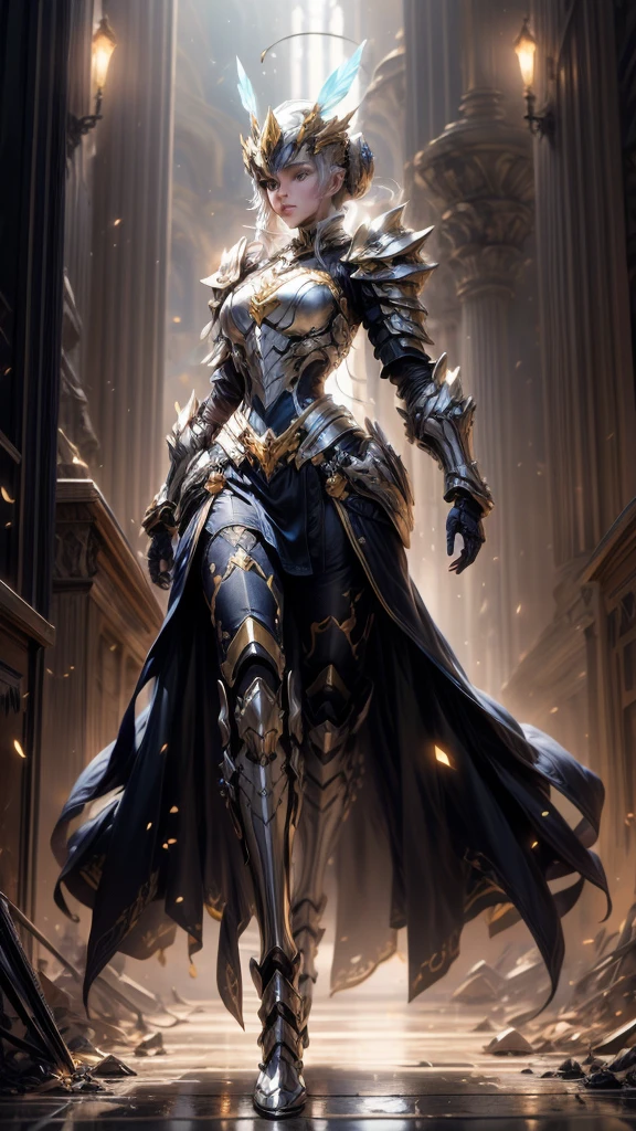 Woman wearing fantasy style full body armor, Crown concept fully enclosed helmet,Only her eyes are exposed, Layered chest plate, Fully enclosed shoulder and hand guards, Lightweight waist armor, Fitted shin pads, Overall design heavy-duty and flexible, (The armor shimmered with golden light, With red and blue accents), Show a noble aura, She floats above a fantasy and surreal high-tech city, This character embodies an elaborate anime style armored hero in a fantasy surreal style, Exquisite and mature comic art style, (A hybrid of Queen Bee and concept armor, plasma), ((element, elegant, goddess, woman:1.5)), metallic color, HD, best quality, high resolution, Super detailed, Ultra-fine coating, extremely refined, professional, anatomically correct, symmetrical face, Extremely detailed eyes and face, High quality eyes, creativity, original photo, 超HD, 32k, Natural light, movie lighting, masterpiece-anatomy-perfect, masterpiece:1.5