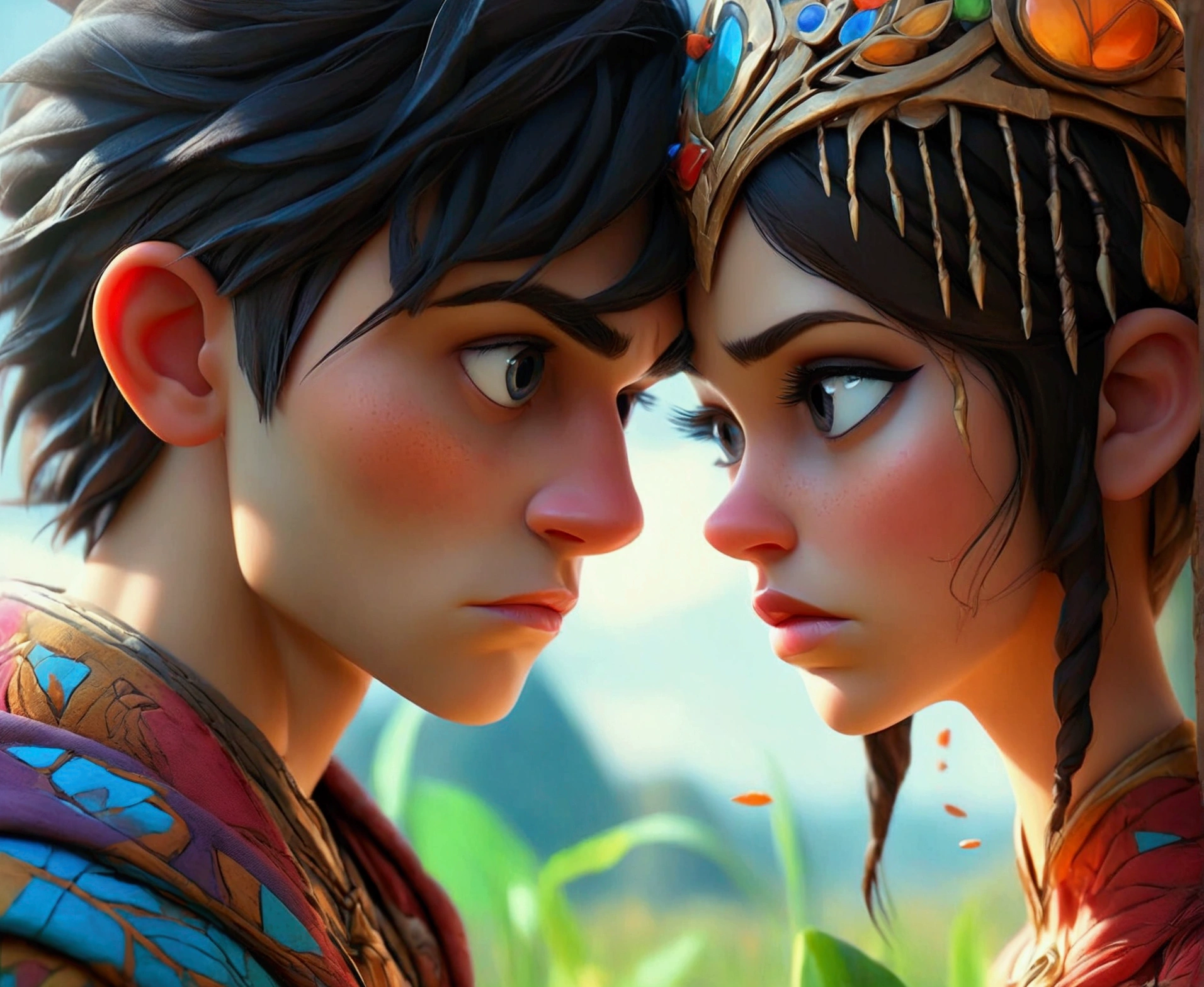 two tiny male and giant tall female, beautiful detailed eyes, beautiful detailed lips, extremely detailed eyes and face, long eyelashes, intricate detailed clothing, dynamic dramatic pose, fantasy world background, fantasy landscape, vibrant colors, cinematic lighting, (best quality,4k,8k,highres,masterpiece:1.2),ultra-detailed,(realistic,photorealistic,photo-realistic:1.37),concept art