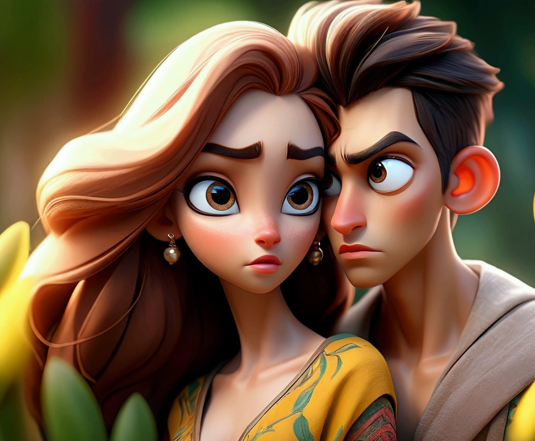 two tiny male and giant tall female, beautiful detailed eyes, beautiful detailed lips, extremely detailed eyes and face, long eyelashes, intricate detailed clothing, dynamic dramatic pose, fantasy world background, fantasy landscape, vibrant colors, cinematic lighting, (best quality,4k,8k,highres,masterpiece:1.2),ultra-detailed,(realistic,photorealistic,photo-realistic:1.37),concept art
