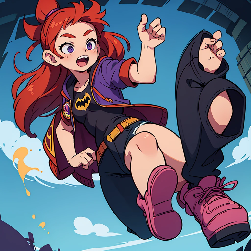 I want you to make an illustration in Disney 2D animation style. The character is a young teenager of approximately 18 years old. She has red hair that reaches below her shoulders and is wearing an open purple jacket with a hood on her head and underneath the jacket she is wearing a black t-shirt with the Batman symbol. She is wearing dark jeans and, on her feet, she is wearing yellow combat boots.