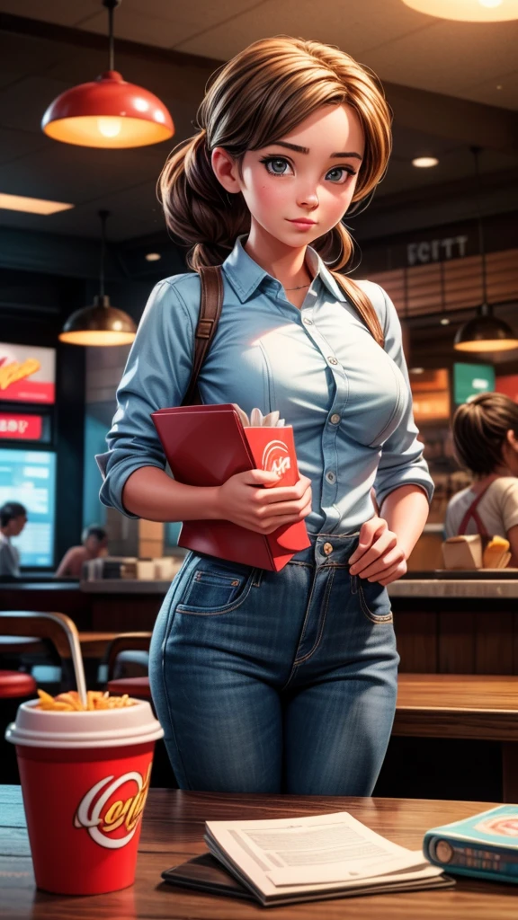 beautiful female fast food employee taking customer orders, crowded interior, high quality, detailed, photorealistic, cinematic lighting, warm color palette, dynamic composition, realistic textures, intricate details, masterpiece