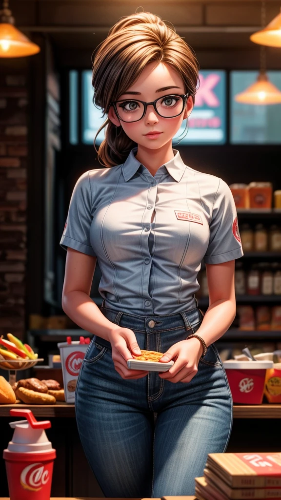 beautiful female fast food employee taking customer orders, crowded interior, high quality, detailed, photorealistic, cinematic lighting, warm color palette, dynamic composition, realistic textures, intricate details, masterpiece