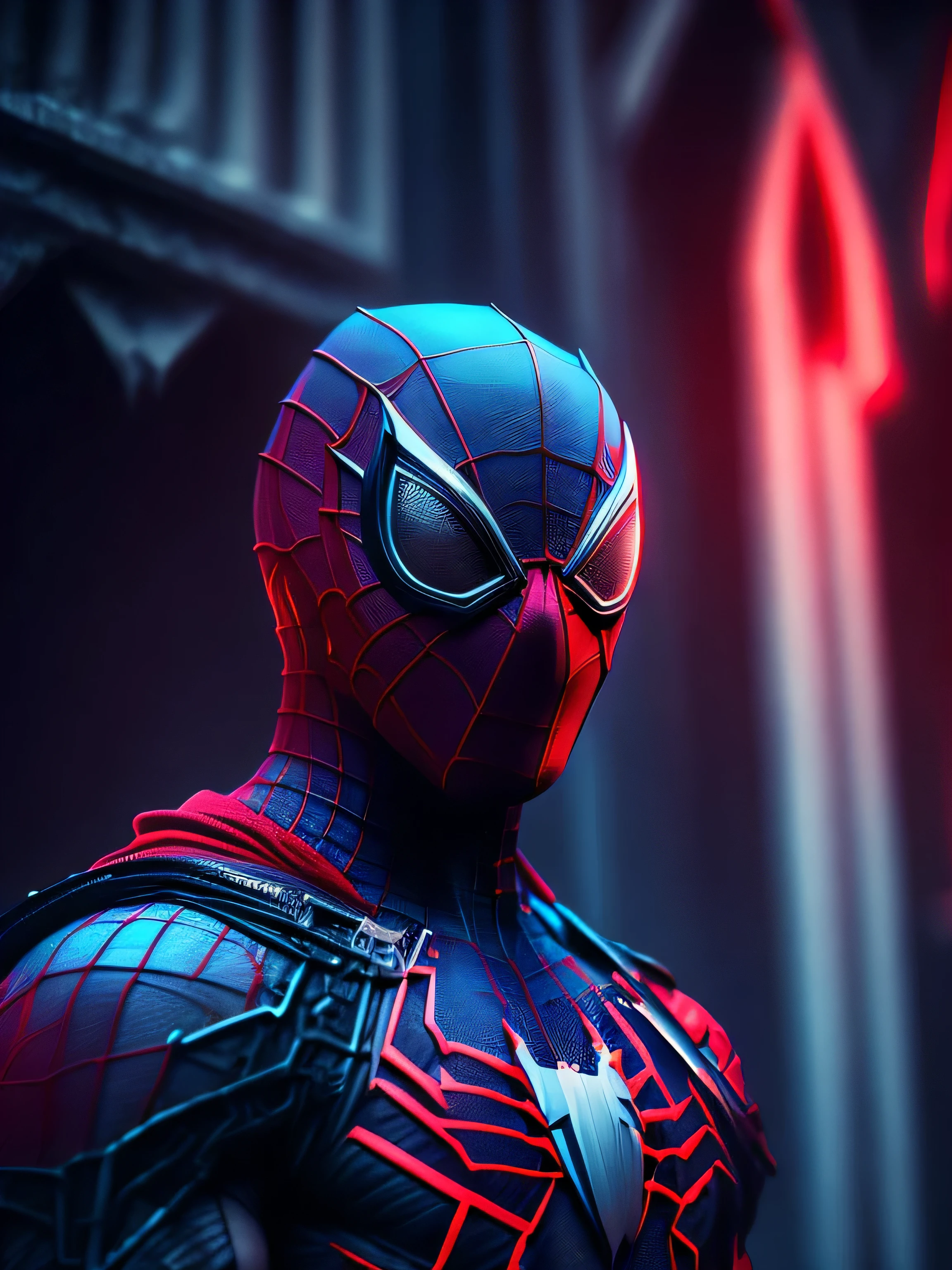 gloomy portrait of Bloody Spider-Man from Marvel with intricate angular cybernetic implants inside a brutalist building, gothic brutalist cathedral, cyberpunk, award-winning photo, bokeh, neon lights, cybernetic limb