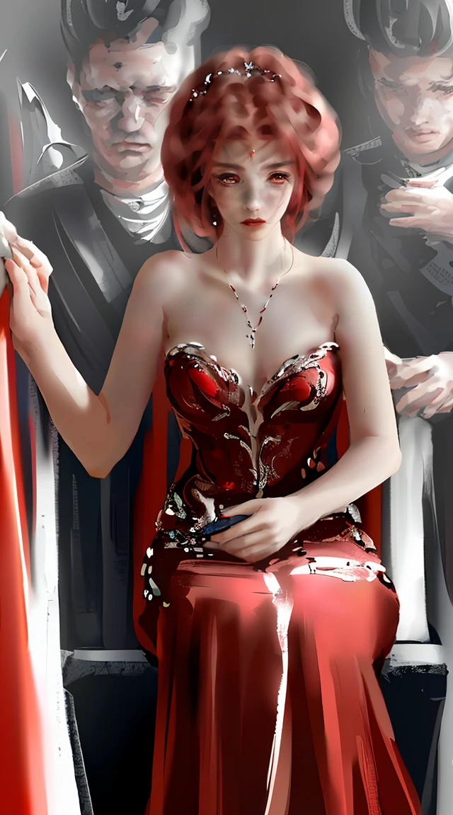 beautiful, masterpiece, best quality, extremely detailed face, perfect lighting, 1girl, solo, red hair, red eyes, detailed dress, sitting in a throne