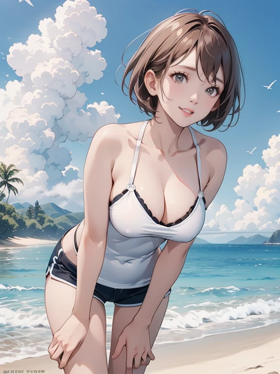 (Highest quality、masterpiece、High resolution、8K)、Vibrant colors、Young and beautiful woman 1、whole body、Brown and black short bob、barefoot、(Detailed face、Beautiful Eyes、Beautiful nose、Pretty lips)、Ample breasts、Beautiful cleavage、White T-shirt and shorts、Running on the beach、A refreshing smile、looking at the camera、Official Art、The background is the sea、blue sky、White waves and wide sandy beach、Wide forest、White Entrance Cloud、(Depth of written boundary:1.5)、Professional Lighting、
