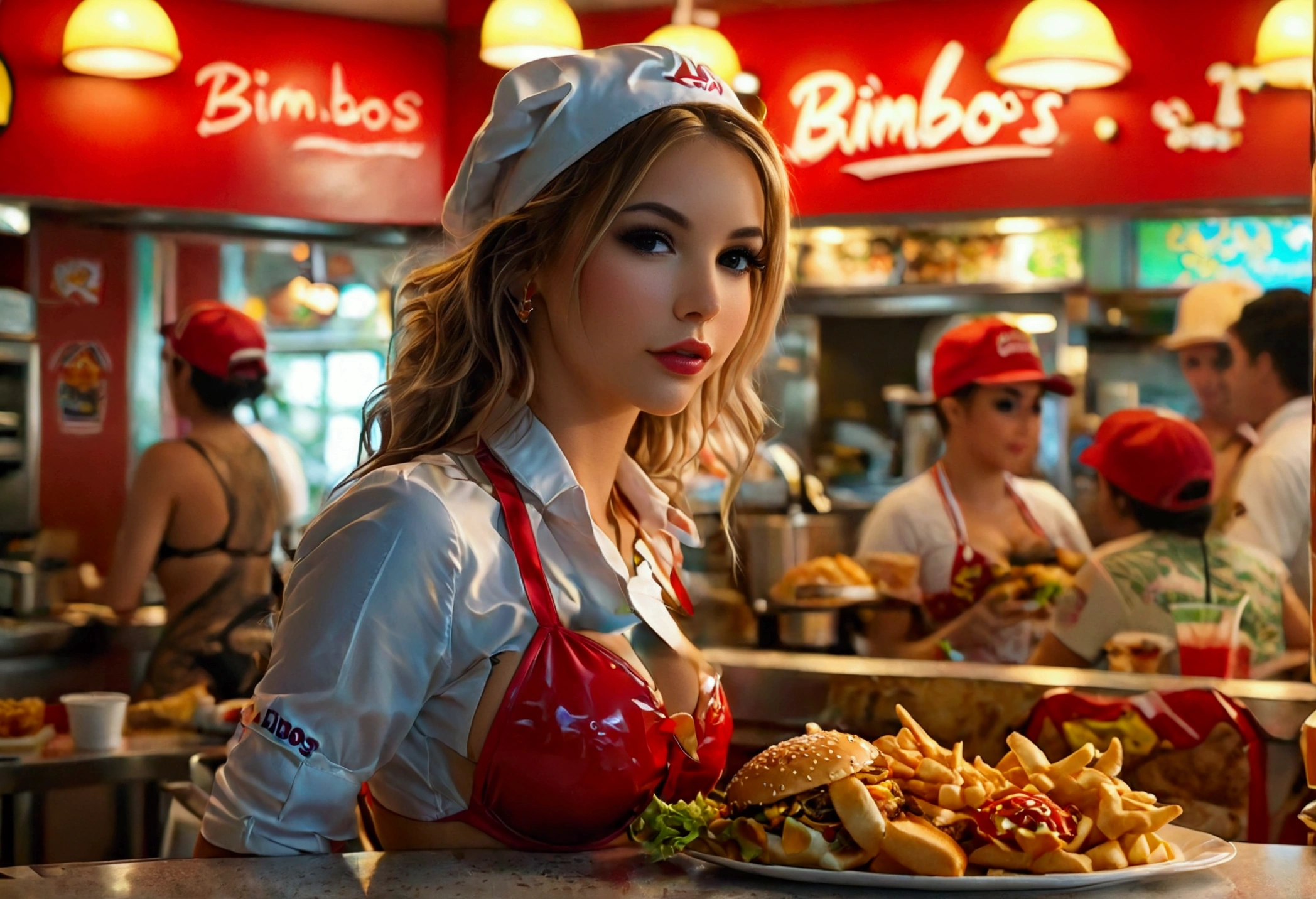 Cute woman, fast food worker, restaurant named 'Bimbos', all the food is boob themed. Staff in bikinis and high heels