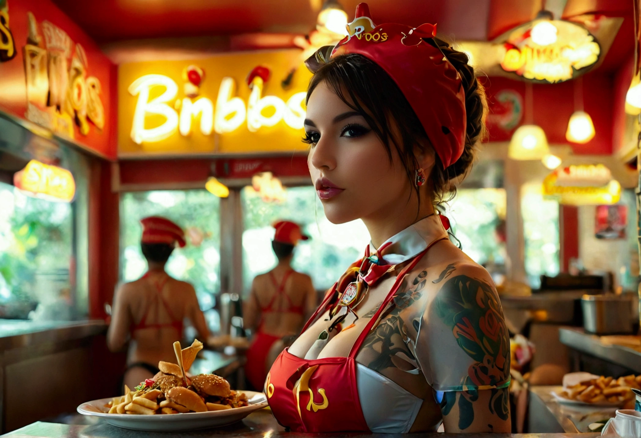 Cute woman, fast food worker, restaurant named 'Bimbos', all the food is boob themed. Staff in bikinis and high heels