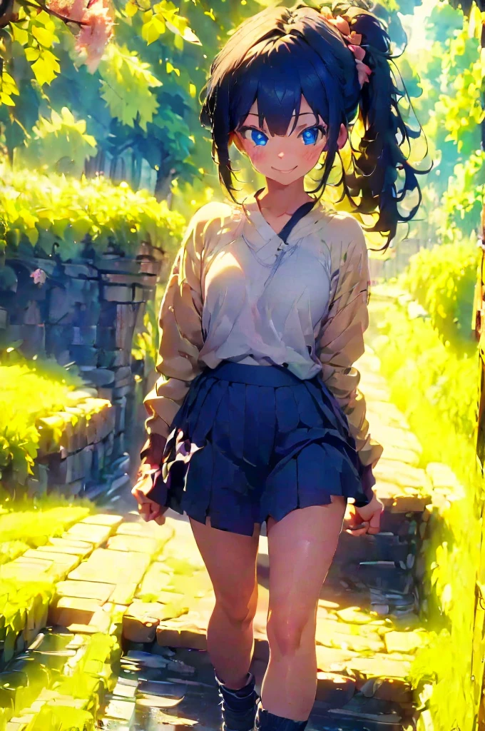 (masterpiece), (high resolution 8K), professional illustration, 1 girl, late teenage, walking, turn around, arched back, full body, dutch angle, bird's eye view, hoody, mini-skirt, , blue hair, smile, looking away, japanese rural landscape, rice paddies, gravel road, night, high contrast, professional lighting, stunning face, symmetrical clear eyes, detailed eyes and face,ponytail