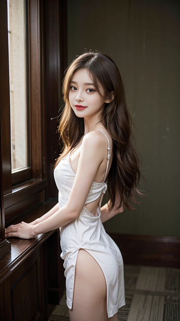 Beautiful gardens inside the castle、8K, Highest quality, Realistic, photoRealistic, (alone),1 Girl), Light, masterpiece, (Cute Smile), Depth of written boundary, (In the room), ,(Mid-chest:1.2), (Small beautiful butt), (Narrow waist), Thin thighs、(White skin), (long wavy brown hair),(Beautiful Face:1.2) ,(Bright Eyes), Slender body line、(Beautiful tall girl、:1.3), alone , ((Stylish design dress:1.2))