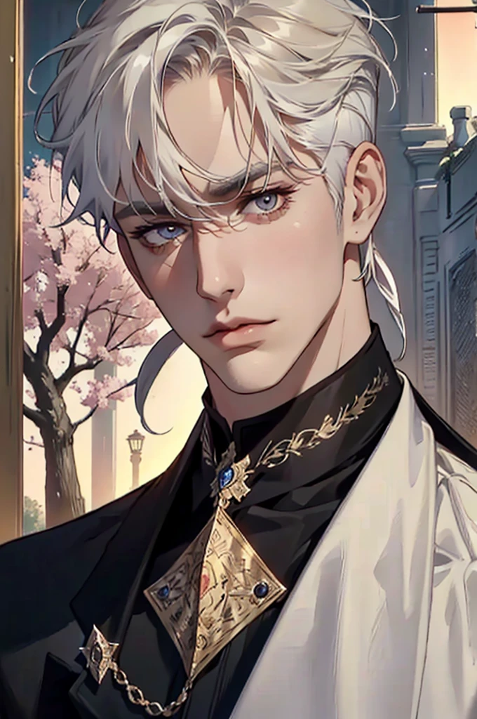 ((masterpiece:1.2, Best quality)), 4k, adult, European face, 1 person, male, mature, masculine, Beautiful, very tall, Muscles, broad shoulders, dark casual wear, White skin, medium white hair, Blow eyes, portrait, sunset, old house with apple trees. 
