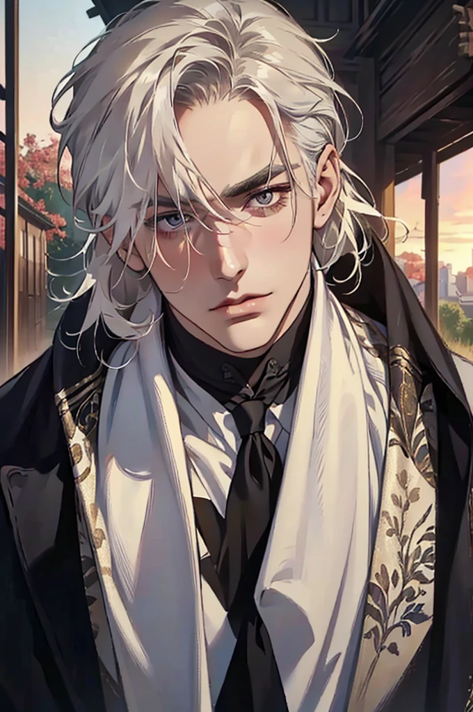 ((masterpiece:1.2, Best quality)), 4k, adult, European face, 1 person, male, mature, masculine, Beautiful, very tall, Muscles, broad shoulders, dark casual wear, White skin, medium white hair, Blow eyes, portrait, sunset, old house with apple trees. 
