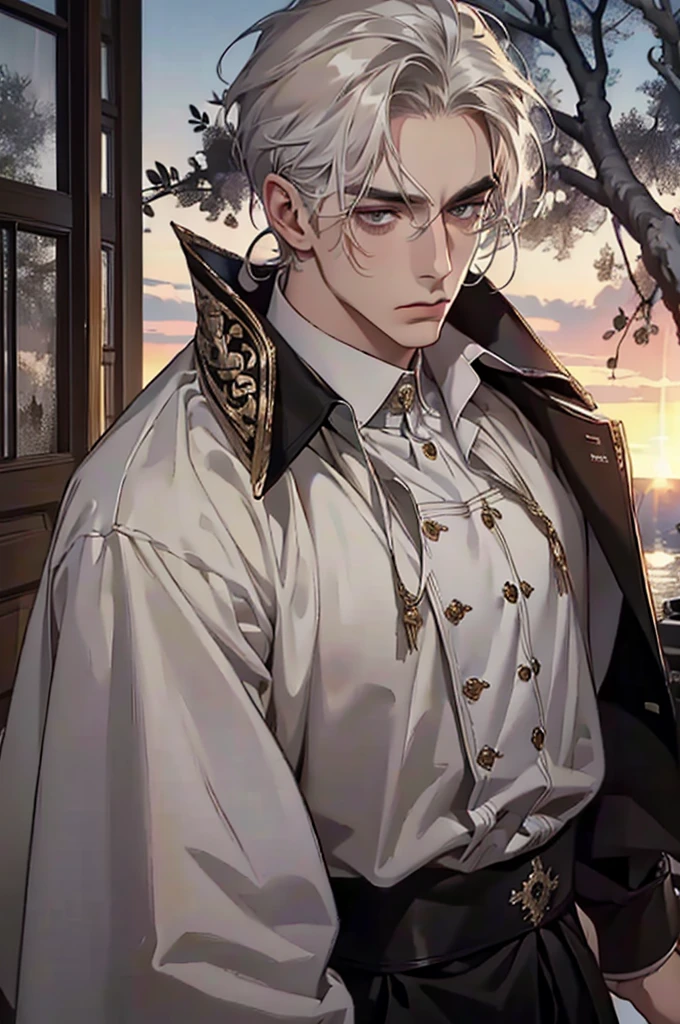 ((masterpiece:1.2, Best quality)), 4k, adult, European face, 1 person, male, mature, masculine, Beautiful, very tall, Muscles, broad shoulders, dark casual wear, White skin, medium white hair, Blow eyes, portrait, sunset, old house with apple trees. 
