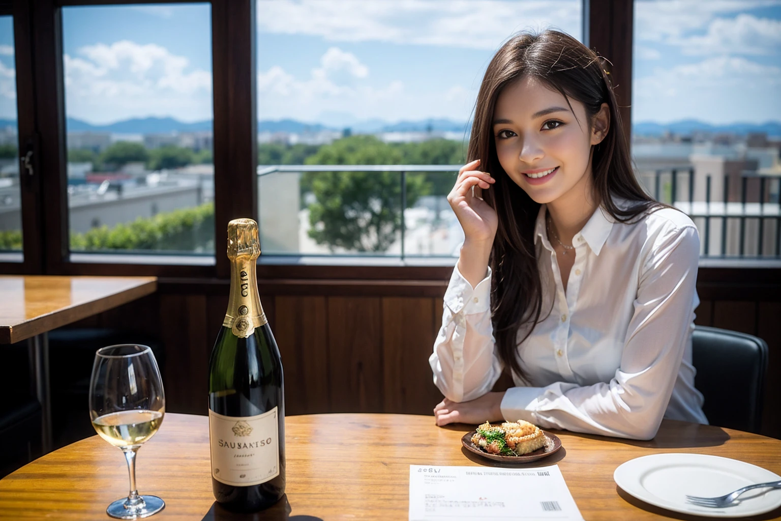 ((Highest quality、8K、masterpiece:1.3))、cute、slimカップル、modelカップル、actress男優、(Realistic, Intricate details:1.2), full-course dinner、Wine Party、Amazing view of the sunset sky and clouds、A bright smile、short hair,Bright Face、 (Age 45), 42 years old, red wine 、Appetizers、Italian food、Wine bottle、Champagne、sparkling wine、Two beauties、Brown Hair、Shortcuts、Long sleeve shirt、dress、Beautiful woman 1, (slimな顔), (The body is slim), (Brown Hair), (Shortcuts), cheeks turn a little red,Attractive beauty、restaurant, In a prominent place (From the waist up) Nova Frog Style, actress, model, Upper Body, White wine, slim, wine glass, 中央に置かれたwine glass, smile, (smile: 1.15), Beautiful fine grain, Depth f/2,saturation, High Contrast, Strong light and shadow,Moist Body:1.5、3D texture、Delicate eyes、Brown Hair、The hair is very shiny、