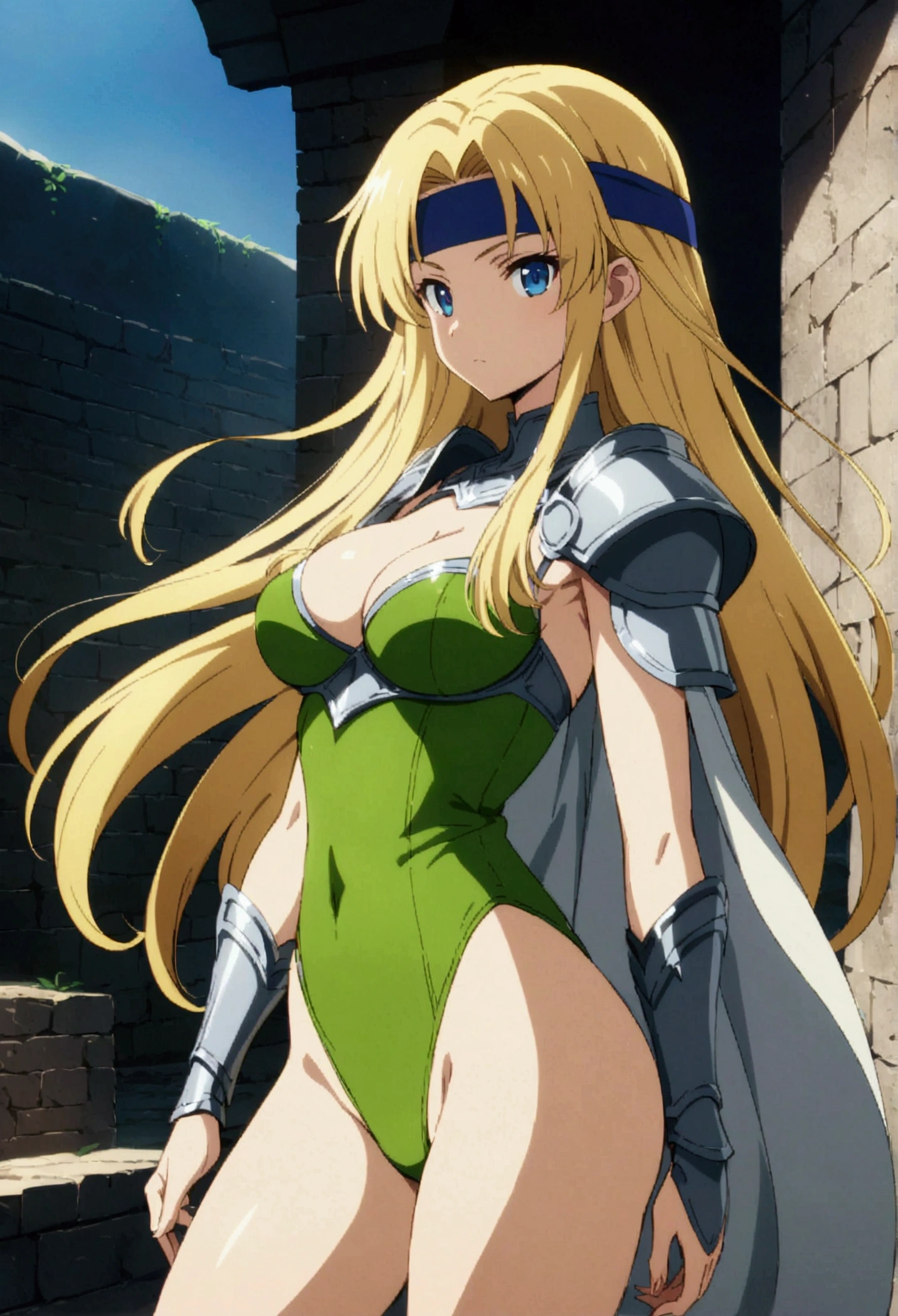 score_9, score_8_up, score_7_up,,BREAK source_anime,from side,side view,,mediumshot,standing,legs apart,(arms in sides),looking at viewer, 1girl, celes chere, final fantasy.blonde hair, blue eyes, green leotard, headband, shoulder armor,large breasts,cleavage,pointy breasts,, white cape, vambraces,bracer,  very long hair, bangs, closed mouth,(tundere,,bulsh),outdoor,graceful posture,lean but curvy body, slender waist, round hips, highly detailed,anime style,vibrant, studio anime,masterpiece, best quality,best aestethic, absurdres,1990s_(style),cinematic lighting