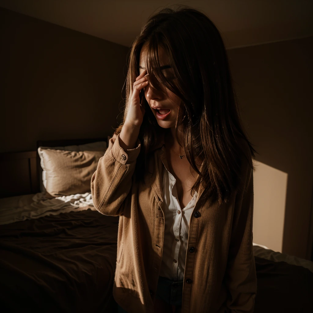 4k realistic, a brown haired woman screaming, standing in a darkened bedroom, shielding herself with her hands