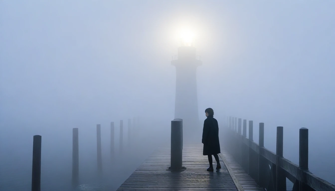 1 36-year-old Korean woman, Short hair, black coat, alone, rain, Fog, cold, boring, , pier, Only, A lighthouse faintly visible in the distance, Coast, The dim light shines in the Fog,and the figure stands in the Fog holding ,drizzling, (명암대rain, cinematic lighting, shadow, film grain, anatomically correct, accurate, Awards, 8K) realistic photo