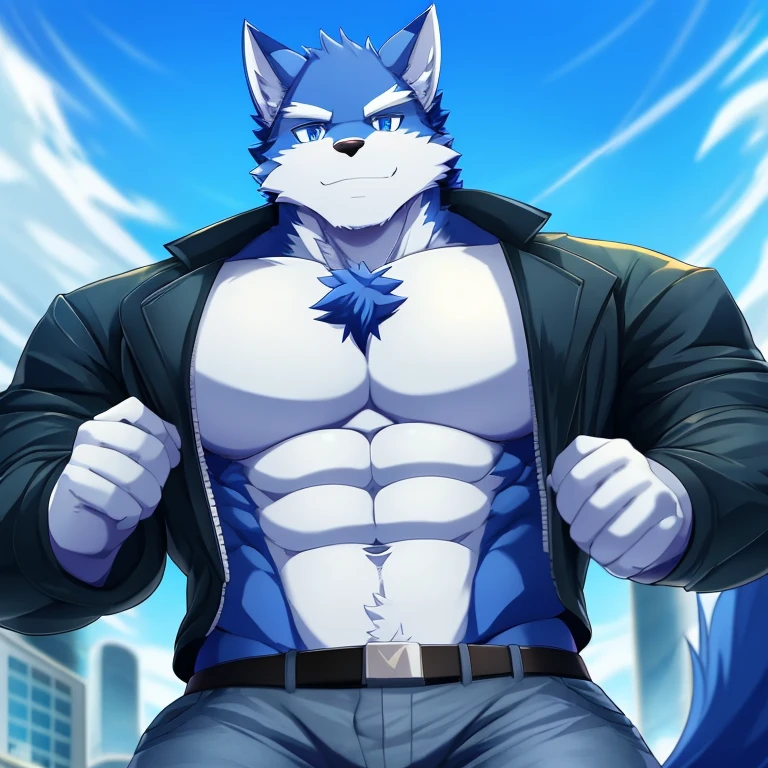 bynamic angle,depth of field, motion blur, absurdres,looking at viewer, (best quality), (masterpiece), (ultra detailed),(detailed eyes),sharp focus,manga,anthro male Blue Wolf,(muscular),Huge body chest , own pet kitty ,sky blue eyes,handsome jacket blue technology city gray pants