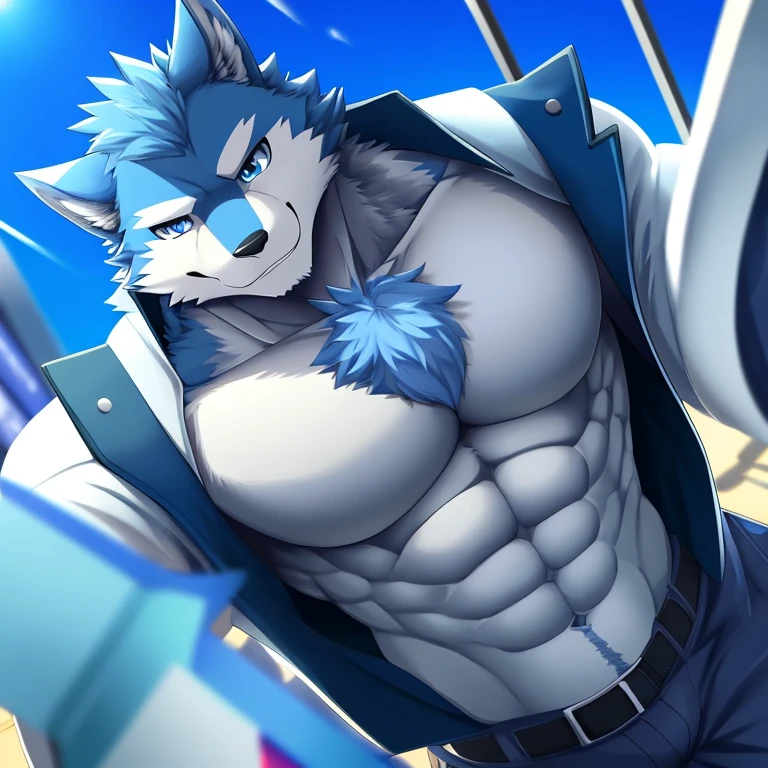 bynamic angle,depth of field, motion blur, absurdres,looking at viewer, (best quality), (masterpiece), (ultra detailed),(detailed eyes),sharp focus,manga,anthro male Blue Wolf,(muscular),Huge body chest , own pet kitty ,sky blue eyes,handsome jacket blue technology city gray pants