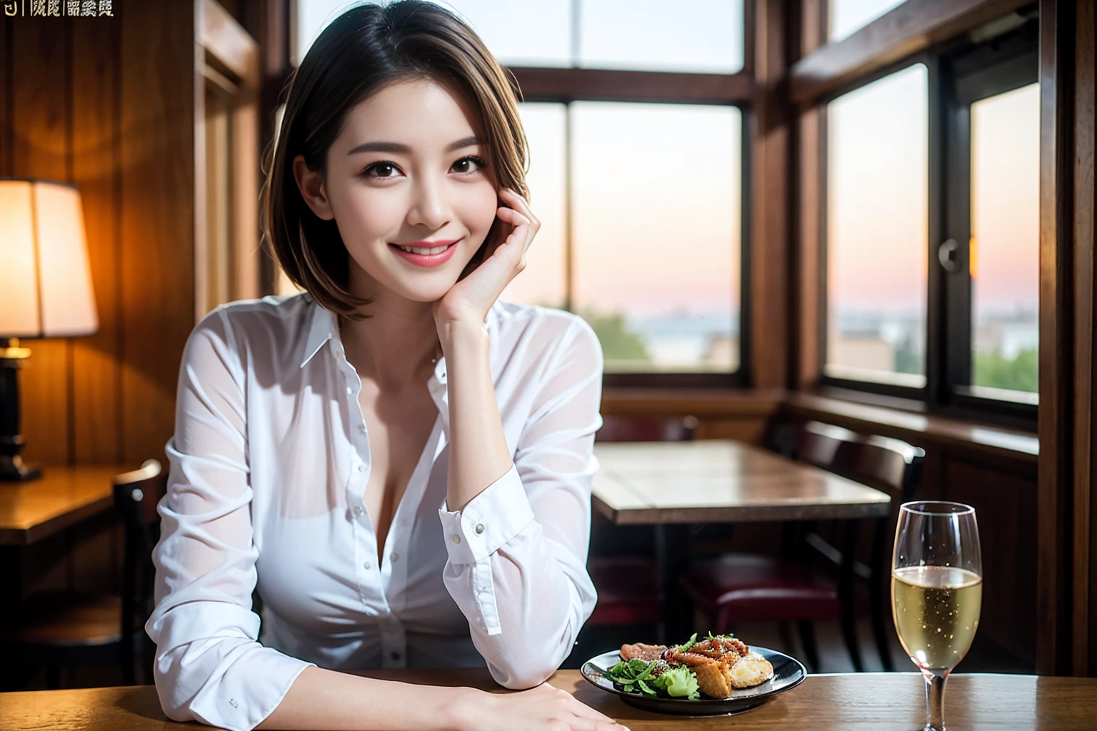 ((Highest quality、8K、masterpiece:1.3))、cute、slimカップル、modelカップル、actress男優、(Realistic, Intricate details:1.2), full-course dinner、Wine Party、Amazing view of the sunset sky and clouds、A bright smile、short hair,Bright Face、 (Age 45), 42 years old, red wine 、Appetizers、Italian food、Wine bottle、Champagne、sparkling wine、Two beauties、Brown Hair、Shortcuts、Long sleeve shirt、dress、Beautiful woman 1, (slimな顔), (The body is slim), (Brown Hair), (Shortcuts), cheeks turn a little red,Attractive beauty、restaurant, In a prominent place (From the waist up) Nova Frog Style, actress, model, Upper Body, White wine, slim, wine glass, 中央に置かれたwine glass, smile, (smile: 1.15), Beautiful fine grain, Depth f/2,saturation, High Contrast, Strong light and shadow,Moist Body:1.5、3D texture、Delicate eyes、Brown Hair、The hair is very shiny、